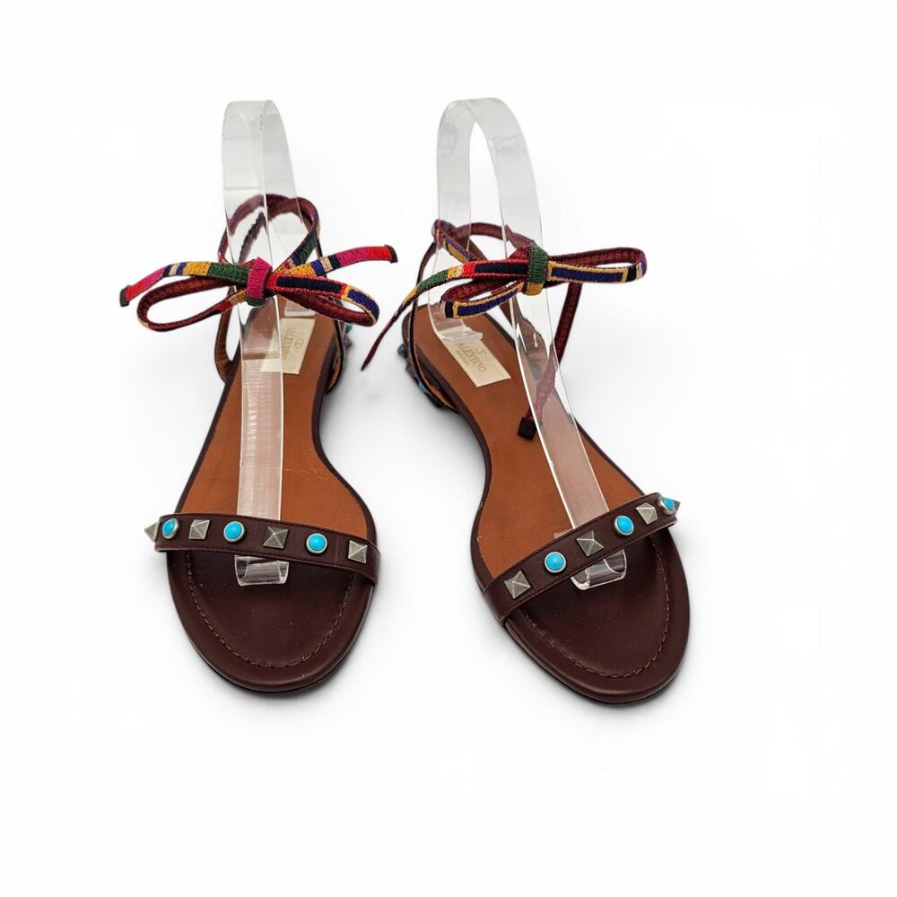 Valentino Garavani Rockstud Flat Sandal Wrap Tie Brown Leather Size 37.5 US 7.5
